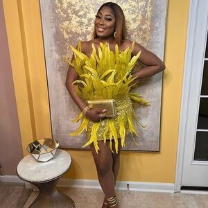 Yellow Feather Sequin Mini Dress